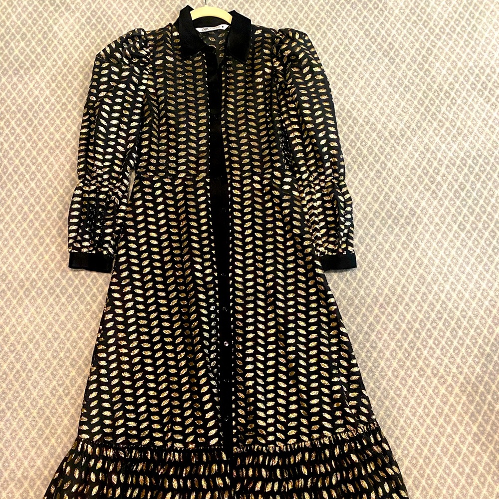 Zara Black and Gold lamé midi dress